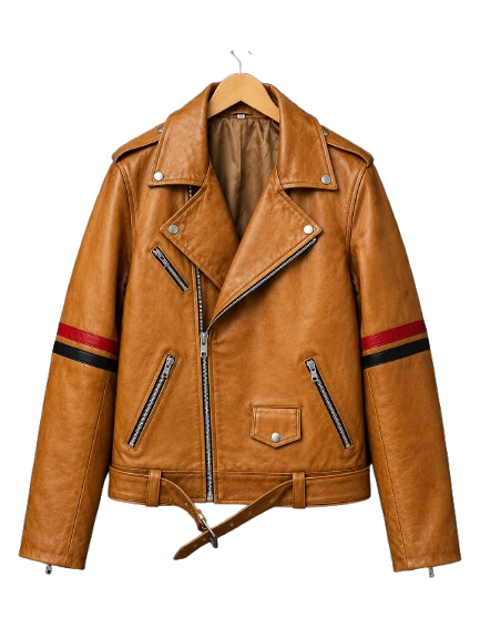 Brown Striped Leather Biker Jacket - Image 3